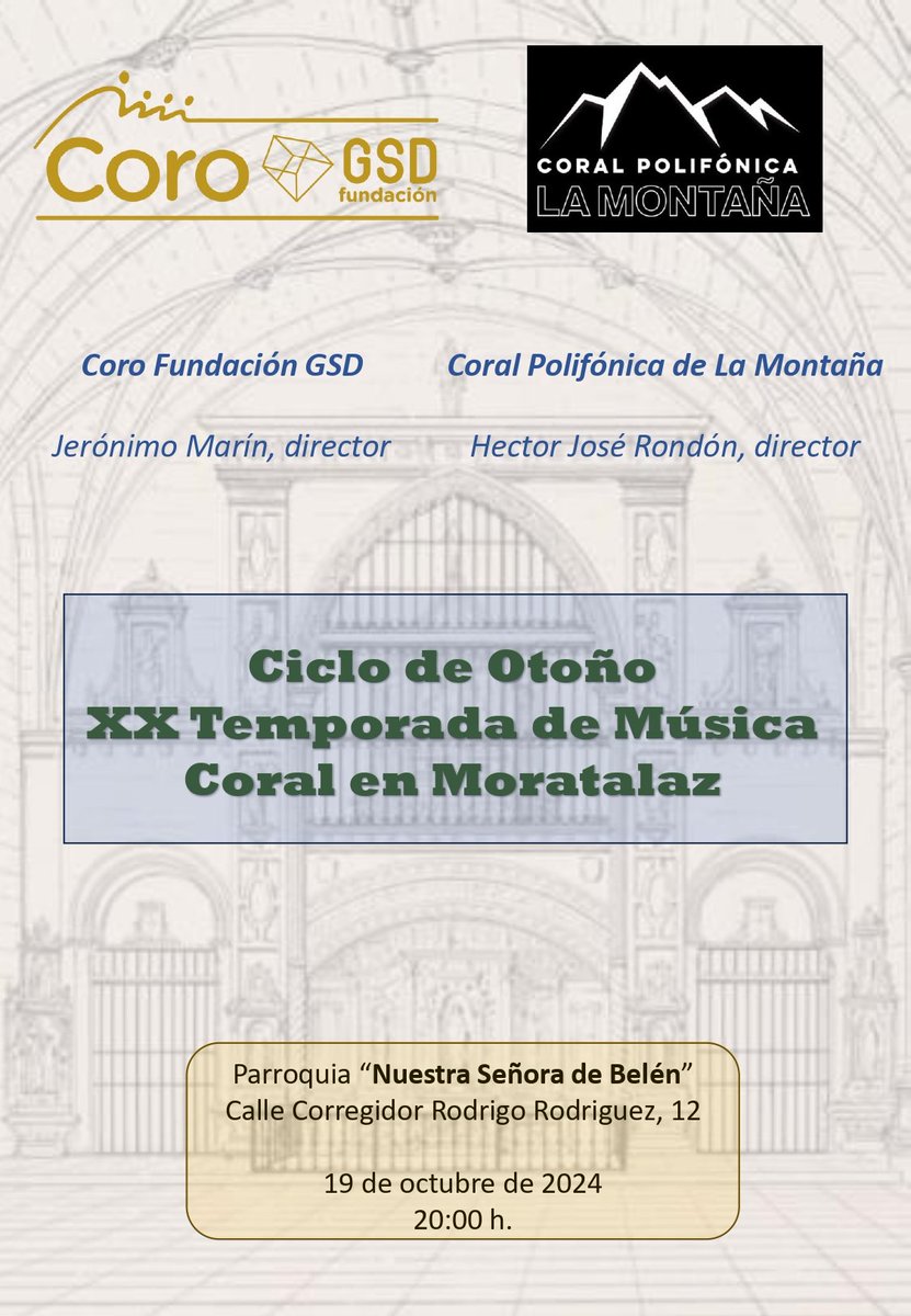 Concierto de otoño en #Moratalaz 🍂🍂
Cantaremos un réquiem imaginario, con movimientos de los réquiem de Mozart y Cherubini. Os esperamos en la Parroquia Nuestra Señora de Belén el sábado 19 de octubre 🎶
<a href="/JeronimoMarinL/">Jerónimo Marín</a>