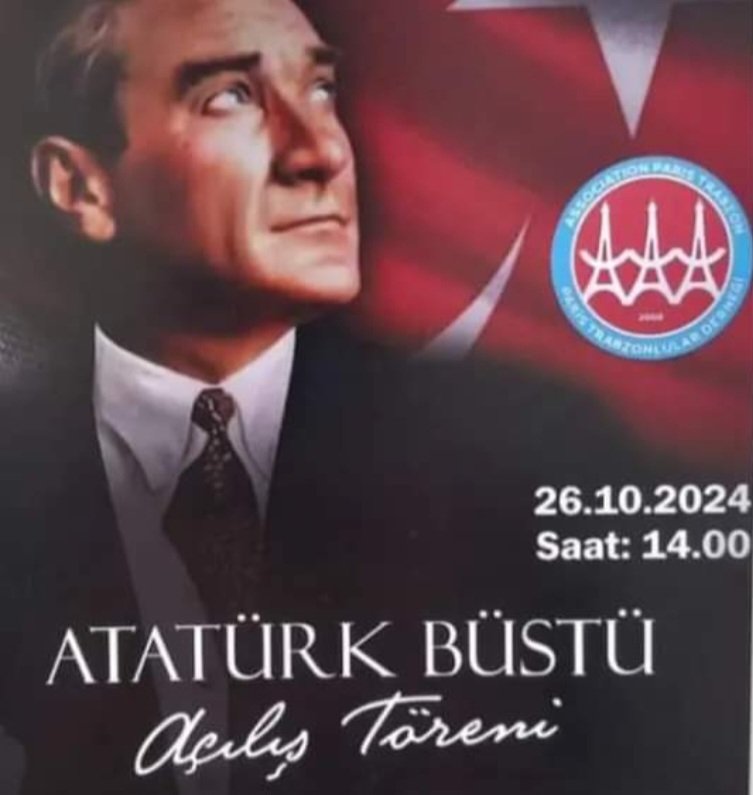 Fransa'da ilk kez bir ATATÜRK büstü dikiliyor. 

Paris Trabzonlular Derneği, yıllardır sürdürdüğü çabaları sonucunda izin alabildiler.  

Derneğin yaptırdığı "Atatürk Büstü" 26 Ekim Cumartesi günü saat 14.00'da Paris'te düzenlenecek törenle, Epinay Sur Sein'deki Trabzon Evi'nin