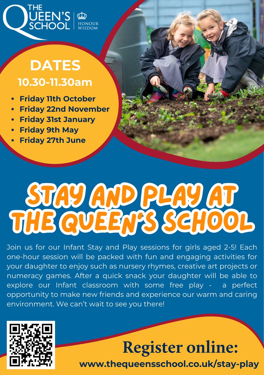 Q6thForm's tweet image. Calling all families with daughters aged 2-5! Come &amp;amp; join our Stay &amp;amp; Play sessions! Each hour is packed with fun &amp;amp; learning &amp;amp; a great opportunity for your daughter to explore our Reception classroom.
Register online thequeensschool.co.uk/stay-play?utm_… #StayAndPlay #Transition #Fun