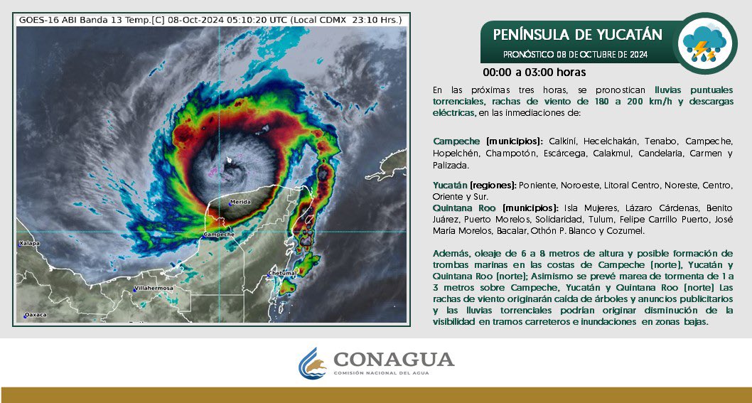 MaraLezama's tweet photo. Quintanarroenses el huracán Milton de categoría 4, ocasiona lluvias puntuales torrenciales, vientos de 180 a 200 km/h y oleaje de 6 a 8 metros de altura en el estado. ¡Seguimos en #AlertaNaranja 🟠en la zona de norte del estado! https://t.co/nu8k10Gnug