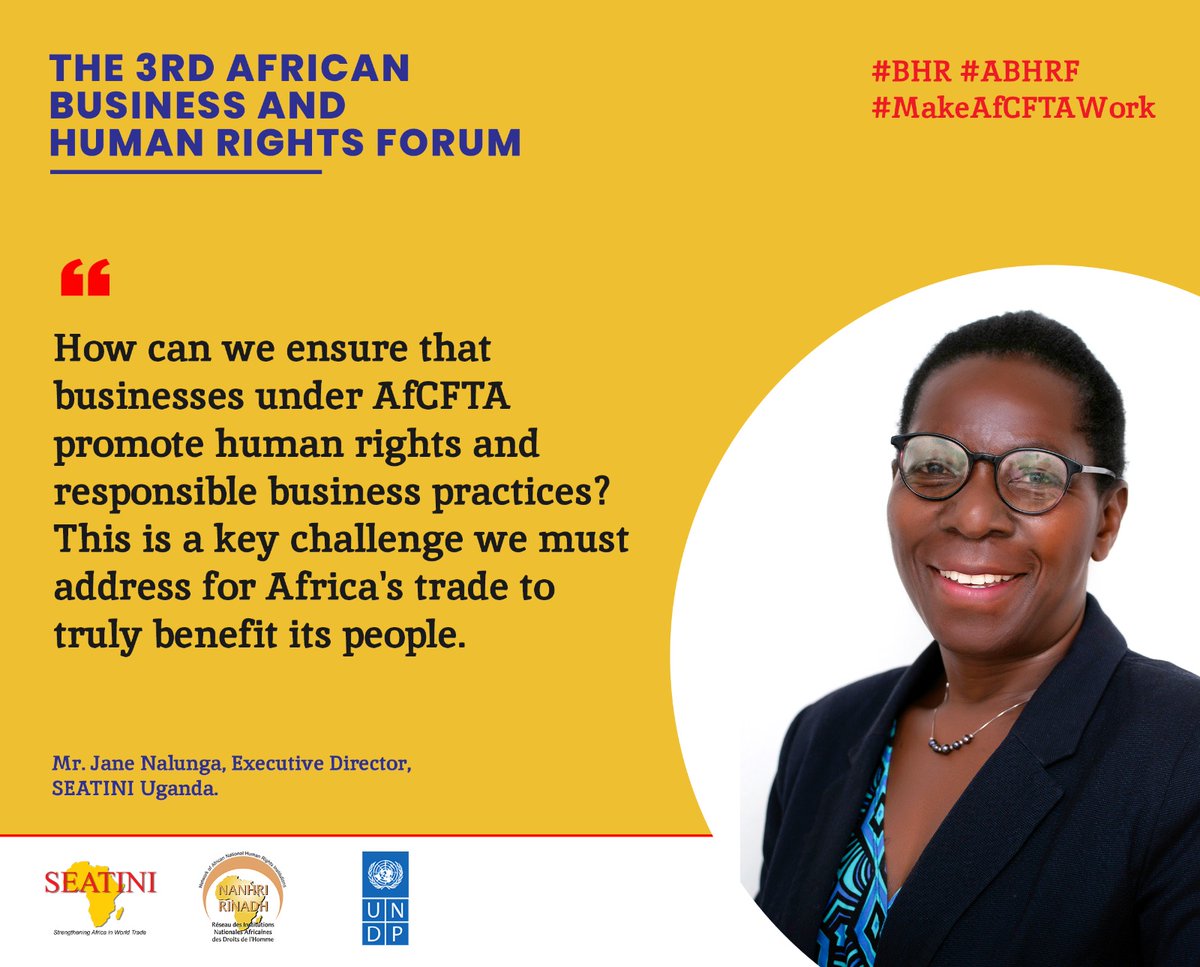 SEATINIUGANDA's tweet photo. Ms. Jane Nalunga, @SeatiniU;
How can we ensure that businesses under AfCFTA promote human rights and responsible business practices? This is a key challenge we must address for Africa's trade to truly benefit its people. #MakeAfCFTAWork #UNGPs #BHR #ABHRF @NANHRI40 https://t.co/HM8CxqLj5p