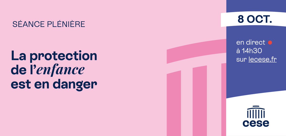 🏛️ Le <a href="/lecese/">CESE</a>, saisi par le Président du <a href="/Senat/">Sénat</a> le 21 mars dernier, dévoile ses propositions pour renforcer la protection de l'enfance.
Josiane Bigot et @TomeElisabeth présenteront en #direct à 14h30, 20 préconisations clés.
🔴 Pour suivre la séance  : bit.ly/3YdMwF4