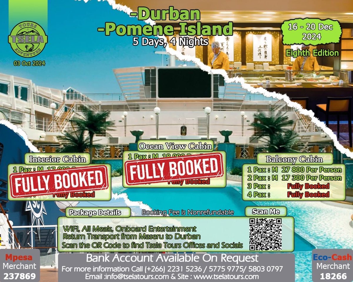 Counting down to November 21, 2024! The MSC Musica will soon be arriving in South African waters, ready to offer unforgettable experiences at sea. Who’s excited? #TselaTours #MSCMusica #CruiseLife #SouthAfrica2024