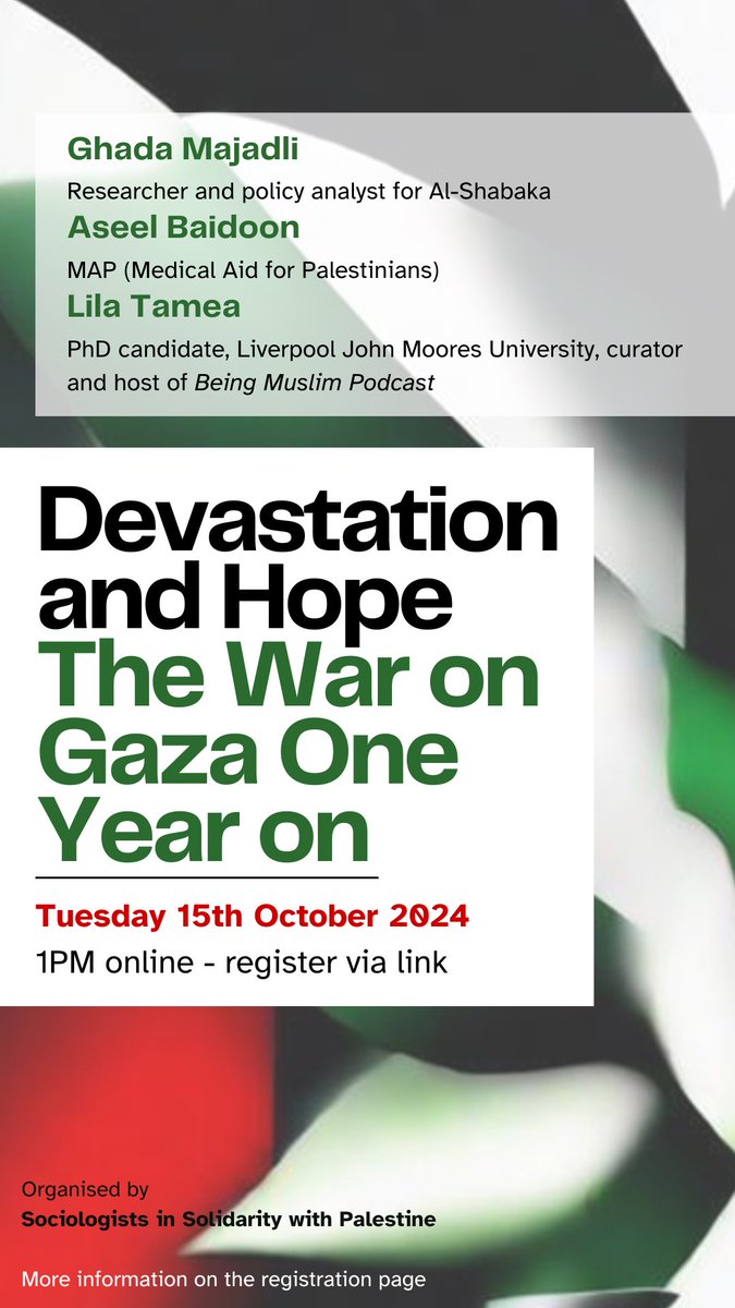 Devastation and Hope | The war on Gaza one year on

Online event 15th Oct with <a href="/LilaTamea/">Lila</a> <a href="/GMajadli/">Ghada Majadli غادة مجادلة</a> and Aseel Baidoon 

outsavvy.com/event/22657/de…