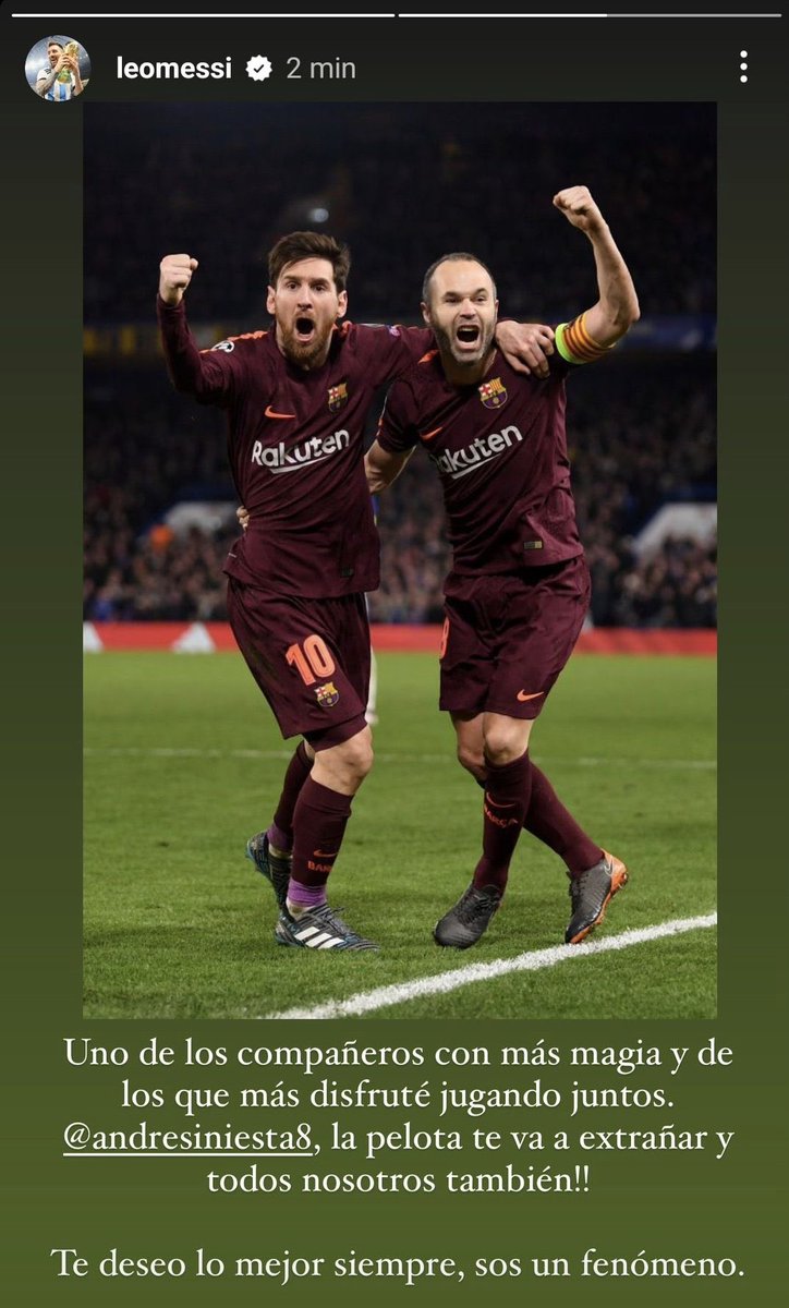 📲❤️ Lionel Messi to Andres Iniesta: “One of the teammates with the most magic and one of those I enjoyed playing with the most. The ball is going to miss you, and so will all of us. I wish you the best always, you’re a phenomenon.”