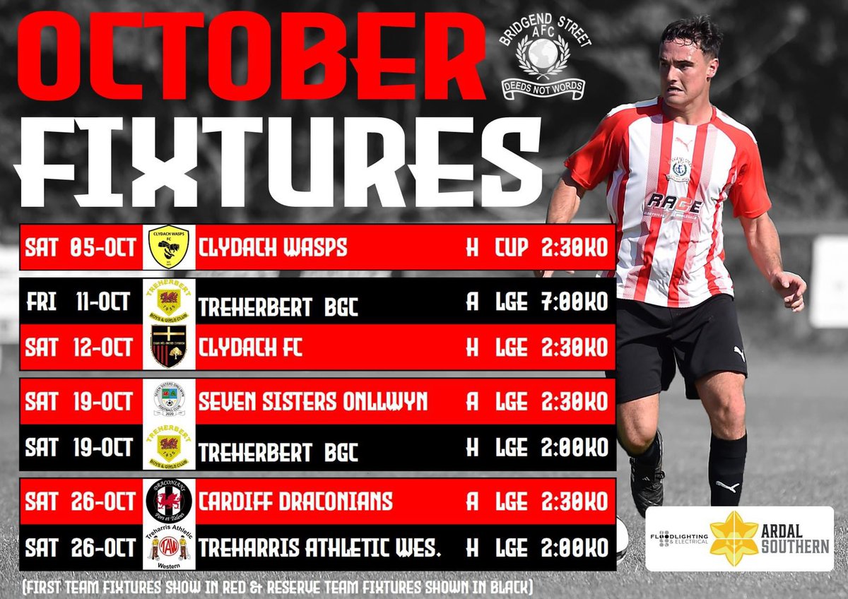 BridgendSt's tweet image. A busy month ahead for our two Senior teams in the FAW Ardal leagues. 

Get along to both games if possible to show your support 👌👏🇦🇹
#deedsnotwords 🔴⚪️🔴
(Image supplied by and property of Ciac Images)