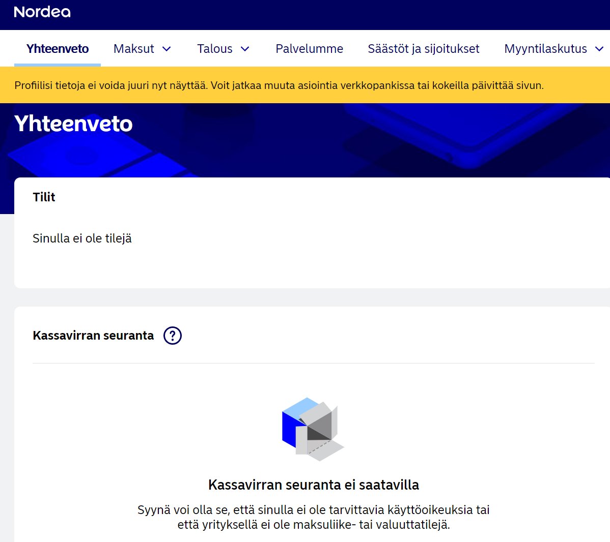 Nyt osui ensi kerran omallekin kohdalle: "sinulla ei ole tilejä". Aiemmin Nordean häiriöt näkyneet vain palvelun hitautena. Tässä on kyse jo Suomen huoltovarmuudesta, kannanotto ja rauhoittelu viranomaisilta olisi tarpeen. Ei enää yksin #Nordea asia.