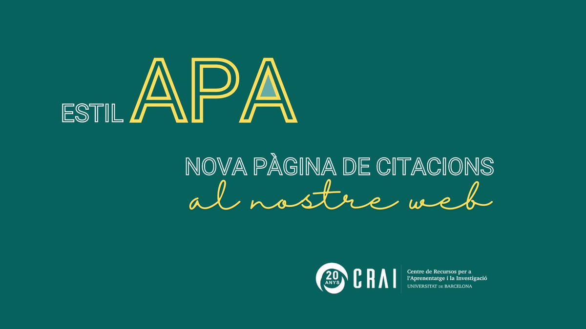 CRAI UniBarcelona (@crai_ub) on Twitter photo #RecursosCRAIUB 🖥
📣 Nova pàgina de citacions disponible al web del #CRAIUB: estil <a href="/APA/">American Psychological Association</a>, de l'American Psychological Association (7a edició).
♀️ ✍️ Aquest model permet incloure el nom complet dels autors i visibilitzar les #dones en les bibliografies, com recomana el llibre #RecursosCRAIUB 🖥
📣 Nova pàgina de citacions disponible al web del #CRAIUB: estil <a href="/APA/">American Psychological Association</a>, de l'American Psychological Association (7a edició).
♀️ ✍️ Aquest model permet incloure el nom complet dels autors i visibilitzar les #dones en les bibliografies, com recomana el llibre
