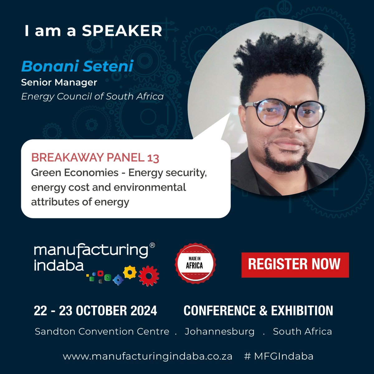 The Energy Council’s Senior Manager for Research, Technology and Innovation, Dr Bonani Seteni will speak at the <a href="/IndabaManufact/">ManufacturingIndaba</a> in BREAKAWAY PANEL 13 discussing Green Economies - Energy security, energy cost and environmental attributes of energy.
We hope to see you there!