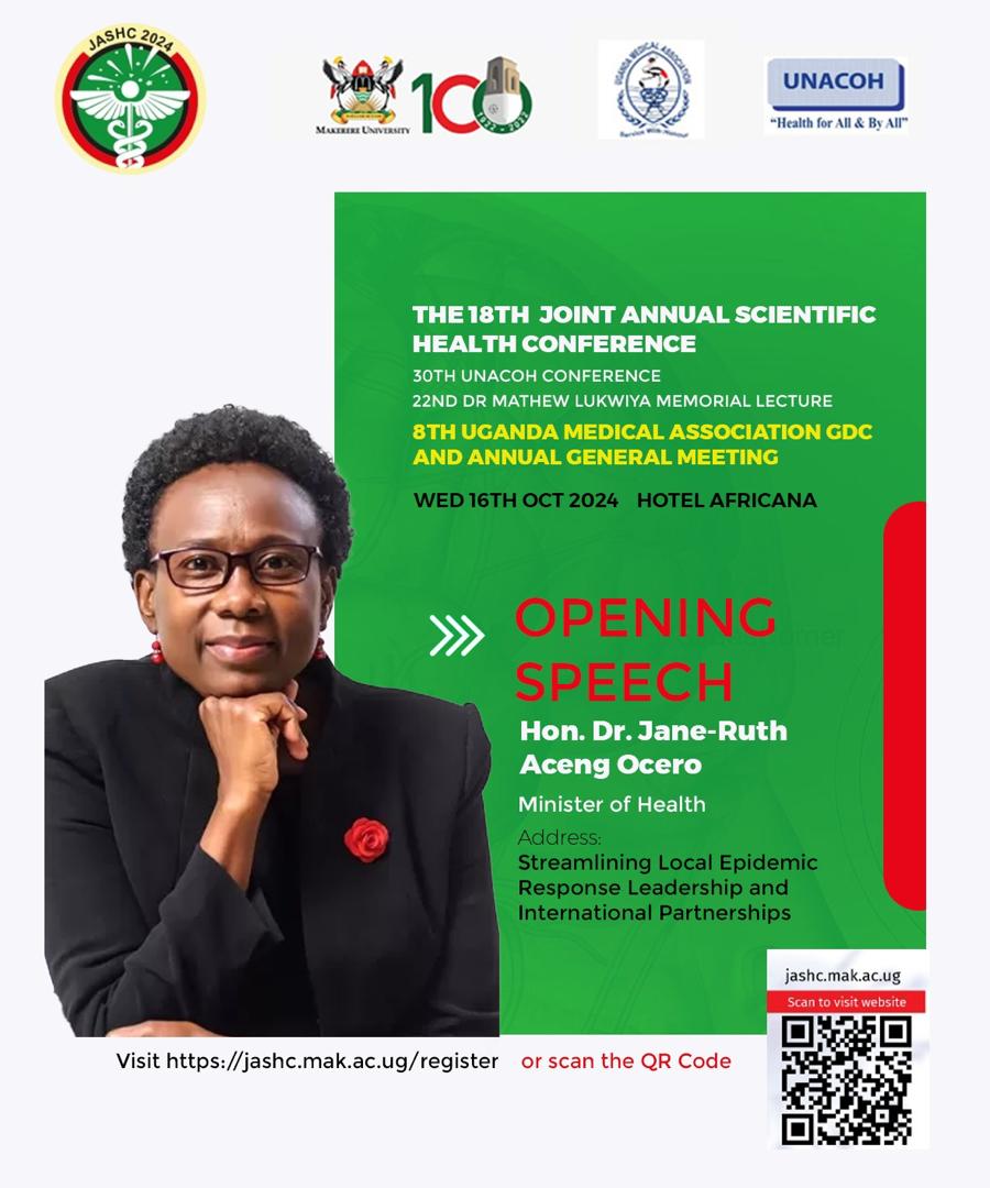 MakerereCHS's tweet image. The Minister of Health @JaneRuth_Aceng will give the opening speech at the #JASHC2024. @MinofHealthUG @Makerere