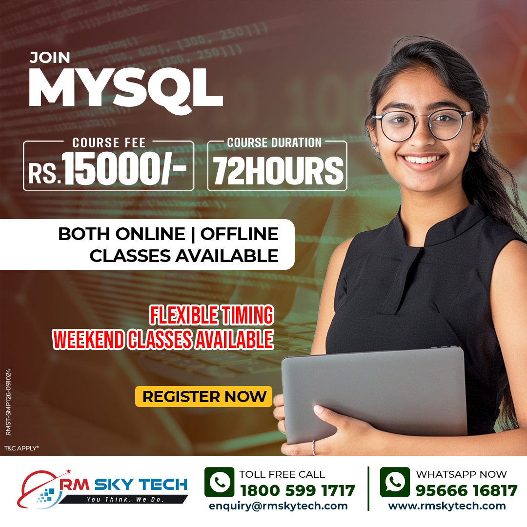 RMSkyTech1's tweet image. 💻 Master MySQL – Your Gateway to Database Mastery!
💰 Course Fee: Rs. 15,000
🕒 Course Duration: 72 hours
🔗 Register Now:
📞 Call: 1800 599 1717 or 95666 07217
🌐 Visit: rmskytech.com
#MySQLCourse #DatabaseManagement #SQL #CareerGrowth #RMSkyTech #OnlineLearning