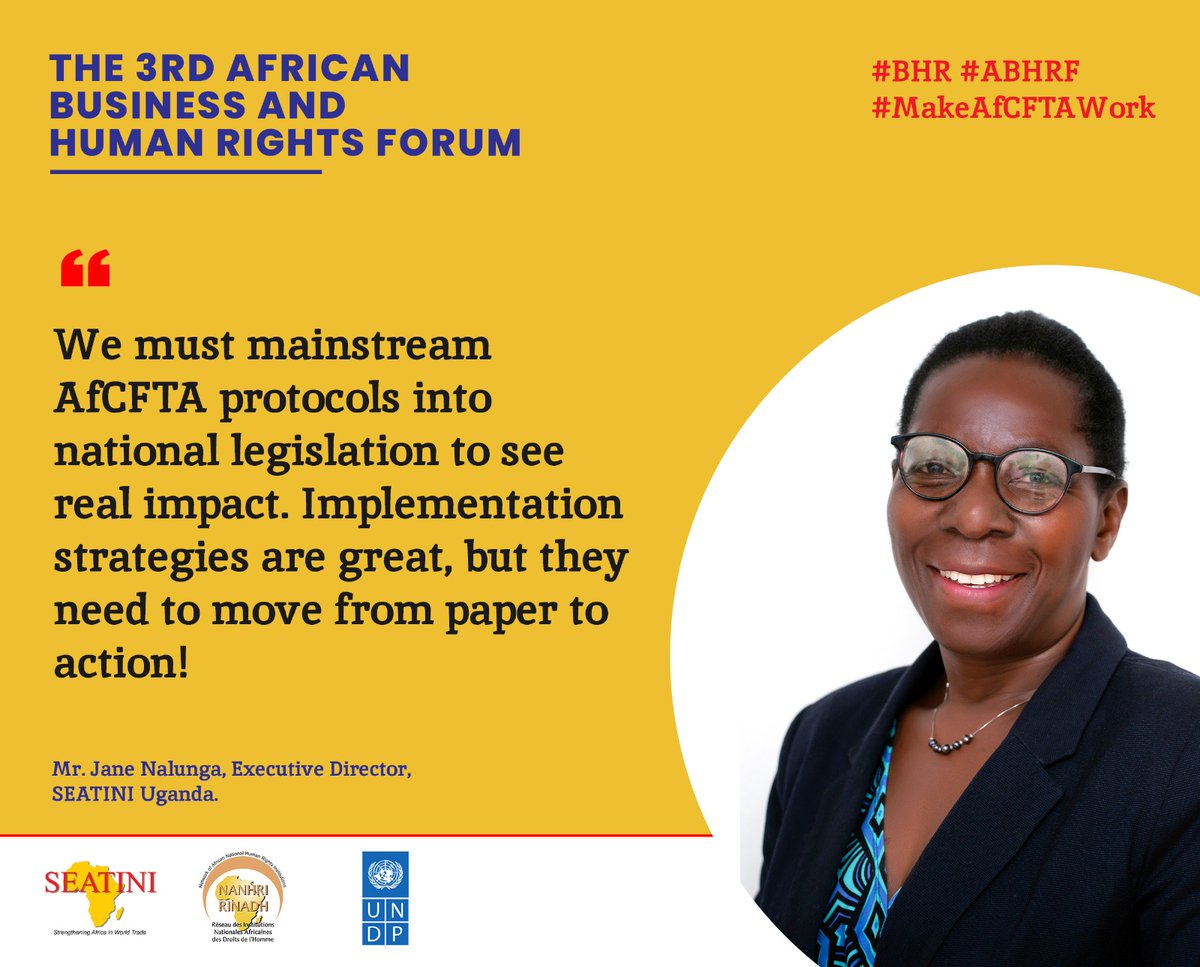 SEATINIUGANDA's tweet photo. Ms. Jane Nalunga, @SeatiniU;
We must mainstream #AfCFTA protocols into national legislation to see real impact. Implementation strategies are great, but they need to move from paper to action! #MakeAfCFTAWork #BHR #ABHRF #UNGPs @NANHRI40 @UNHumanRights https://t.co/20iyjUdHQ6