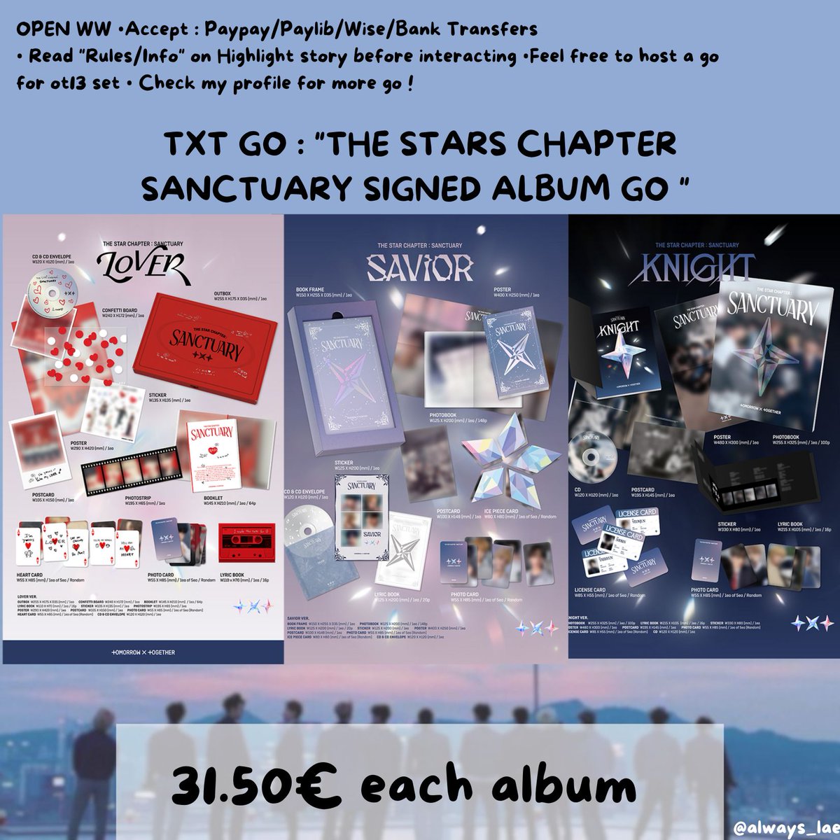 KMuseGO's tweet photo. [CG/GO FR/WW] TXT - THE STARS CHAPTER : SANCTUARY SIGNED ALBUM

Date limite/Deadline : 11-13 Oct 
Paiement/Payement : Paypal/Paylib/Wise/Bank Transfers
Prix/Price : 31.50€
❗️COMMENT OR DM TO CLAIM ❗️
#txtgo #txtgrouporder 

- Lae https://t.co/Y2IwFfv0zc