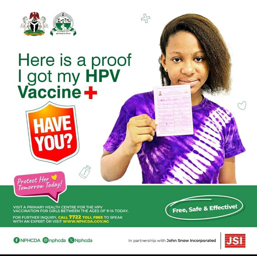 NphcdaNG's tweet photo. The HPV vaccine is administered to girls age 9-14 free of charge at PHC Centre’s nearest to you. 

Protect your girls now! 

#HPVvaccineNG
#HPV https://t.co/sc0rwKlevQ