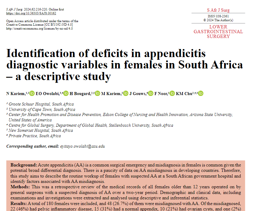 SU Global Surgery (@su_globalsurg) on Twitter photo Our study shows that 26.7% of females suspected of acute appendicitis in a South African hospital were misdiagnosed. Highlighting the urgent need for better diagnostic protocols and point-of-care ultrasound in resource-limited settings. #AcuteAppendicitis 
tinyurl.com/35k735ca Our study shows that 26.7% of females suspected of acute appendicitis in a South African hospital were misdiagnosed. Highlighting the urgent need for better diagnostic protocols and point-of-care ultrasound in resource-limited settings. #AcuteAppendicitis 
tinyurl.com/35k735ca