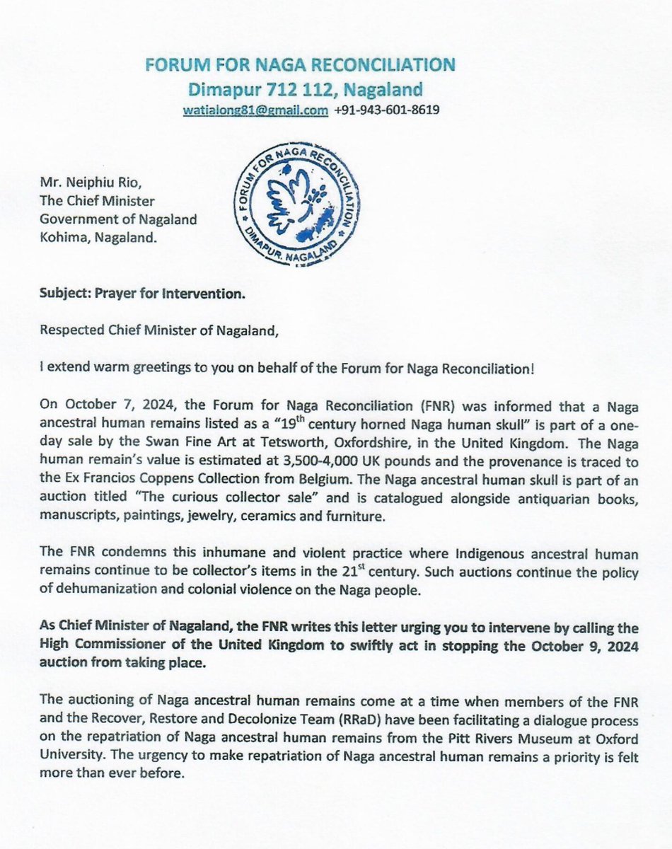 CmoNagaland's tweet photo. The Hon'ble Chief Minister of Nagaland, Shri @Neiphiu_Rio writes to the Hon'ble External Affairs Minister of India, @DrSJaishankar with regard to the proposed auction of Naga human remains in the UK. https://t.co/El9BD2yKsC