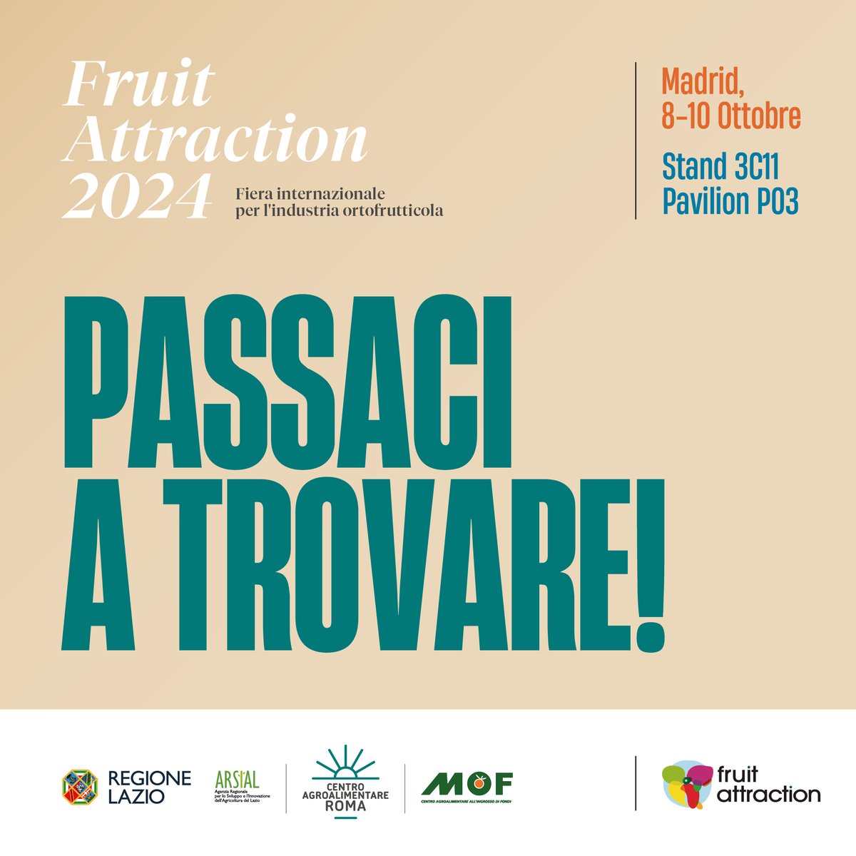 fondimof's tweet photo. Siamo a #Madrid per @FruitAttraction, dove #MOF, #CAR e #Arsial stanno rappresentando con orgoglio l’eccellenza ortofrutticola del #Lazio e il know-how delle imprese in questa prestigiosa vetrina internazionale. Ci trovi allo stand 3C11, Padiglione 03 fino al 10 ottobre. https://t.co/P7D9t9Knpr
