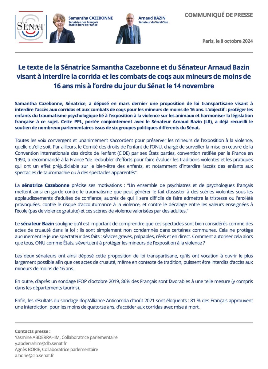 🚨Excellente nouvelle : L'interdiction de la #corrida pour les mineurs de - de 16 ans sera débattue au #Sénat le 14 novembre ! Avec <a href="/arnaud_bazinVO/">Arnaud Bazin</a>, nous portons cette PPL pour protéger les jeunes de l'exposition à la violence.
📋 Plus d'infos : senat.fr/dossier