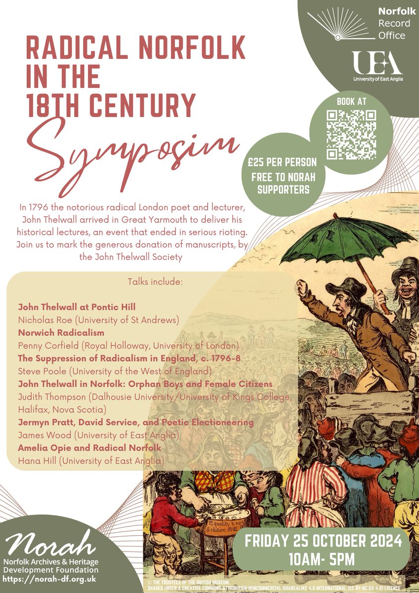 There are a few places still available for 'Radical Norfolk in the 18th Century: Symposium', taking place here at NRO on Fri 25 Oct. Join us in person, or online, to hear talks by experts on this subject, details below. Booking essential - norfolkrecordofficeblog.org/events-summer-…