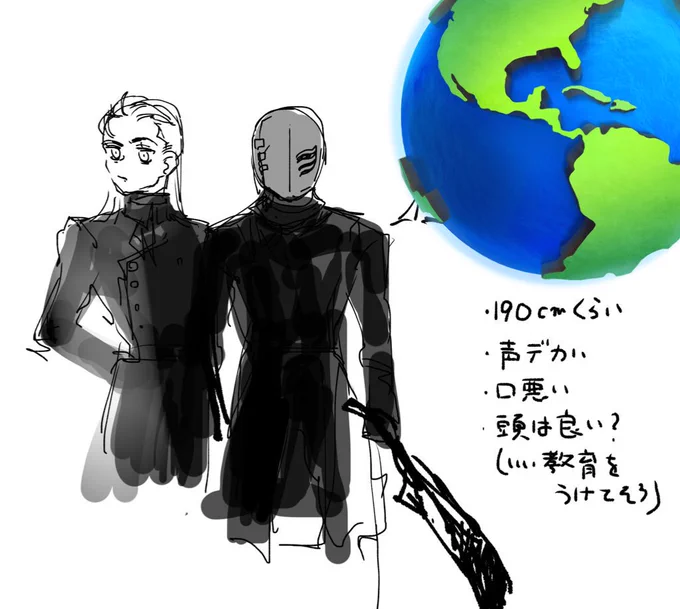 初期ヴェ卿。1枚目のは2番目に描いたもの。この時点で性格やキャラデザのコンセプトは確定してますね…
初めて描いたヴェ卿は顔がかなり違うので公開したことはないです 