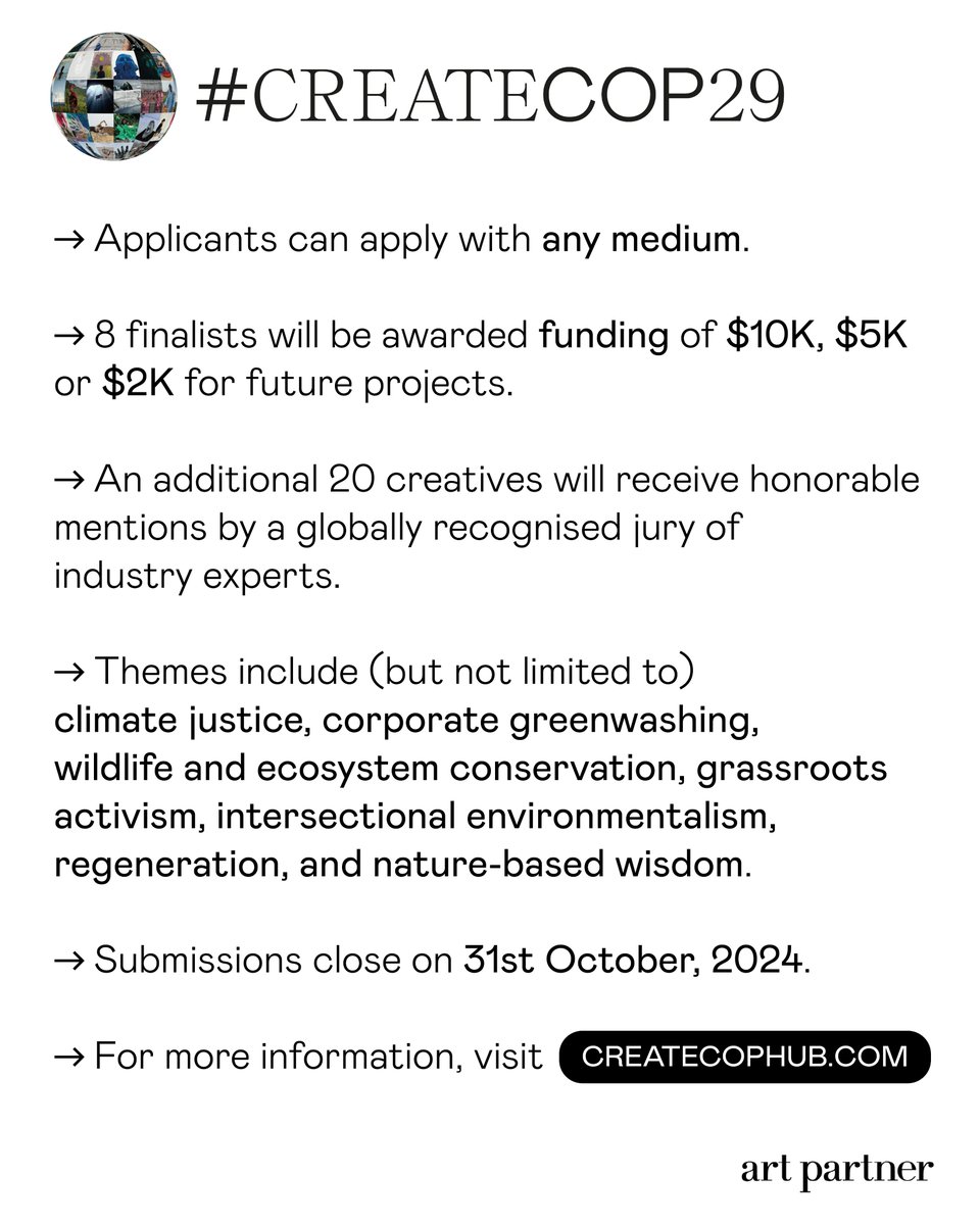 Want to use your art to start important climate conversations? Join @artpartner’s #CreateCOP29 to promote #ClimateJustice, and be in for the chance to win $10k! Submissions close October 31st 2024 🌎 #ClimateEmergency #EarthPartner #ArtPartner