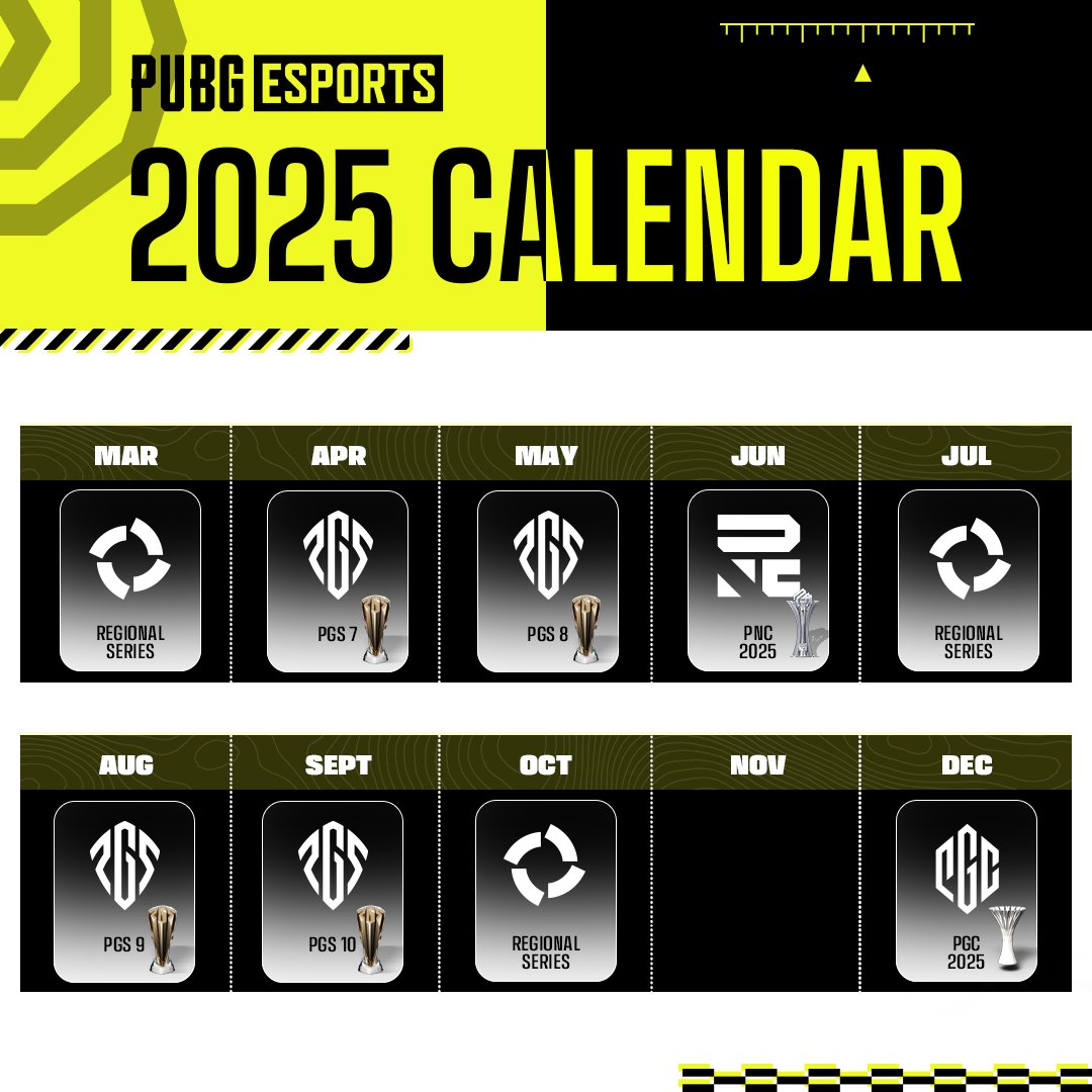 Early <a href="/PUBGEsports/">PUBG Esports</a> 2025 roadmap - awesome to see!

Back to back like this year so it could look like this

PGS 7 late april
PGS 8 early may

PGS 9 late August
PGS 10 early September 

People asking about EWC 😂
EWC wants to announce everything

Probably late July or early august
