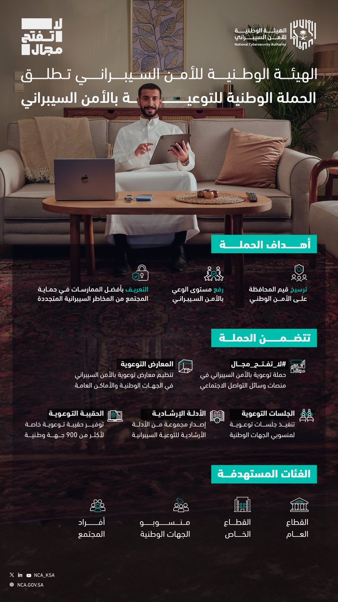 تزامناً مع الشهر العالمي للتوعية بالأمن السيبراني..

#الهيئة_الوطنية_للأمن_السيبراني تطلق «الحملة الوطنية للتوعية بالأمن السيبراني» في نسختها الرابعة.

🔗nca.gov.sa/ar/news/1495/