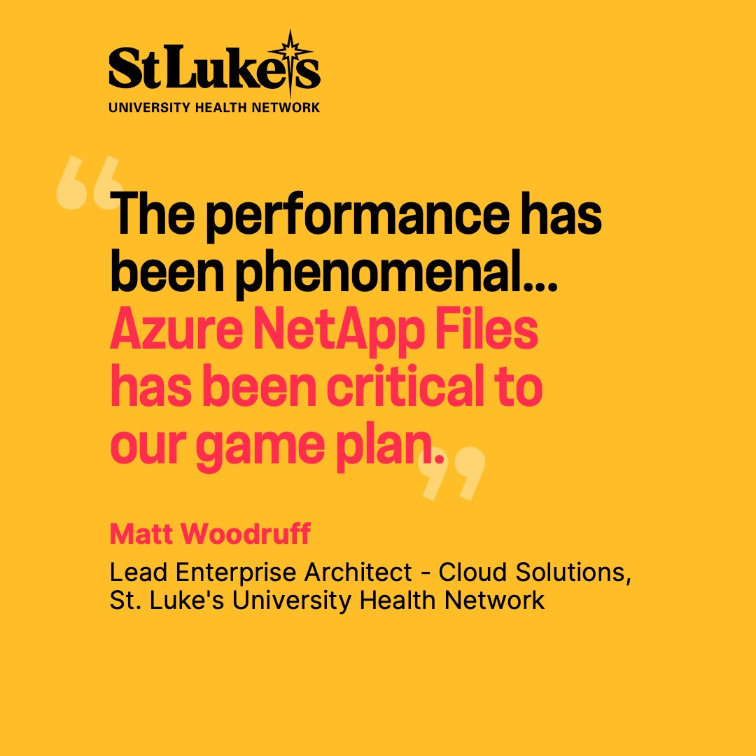 NetApp UK (@netappuk) on Twitter photo Choosing <a href="/Azure/">Microsoft Azure</a> as their cloud provider and Azure NetApp Files as their storage solution was a no-brainer for <a href="/mystlukes/">St. Luke's University Health Network</a> as it tied into their <a href="/Microsoft/">Microsoft</a> ecosystem and is HIPAA-certified.
But wait, there's even more benefits ๐ ntap.com/3YdLA3L Choosing <a href="/Azure/">Microsoft Azure</a> as their cloud provider and Azure NetApp Files as their storage solution was a no-brainer for <a href="/mystlukes/">St. Luke's University Health Network</a> as it tied into their <a href="/Microsoft/">Microsoft</a> ecosystem and is HIPAA-certified.
But wait, there's even more benefits ๐ ntap.com/3YdLA3L