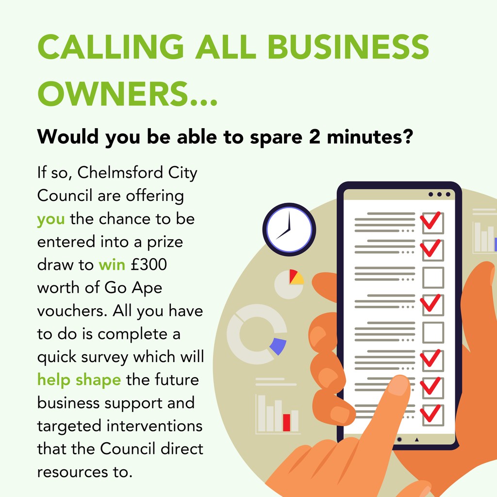 📢 Business owners, @ChelmsCounci needs your help! 

Participate in this survey: //www.chelmsford.gov.uk/business-survey by the end of October &amp; you will have the chance to enter a prize draw for £300 worth of GoApe vouchers! 🌳