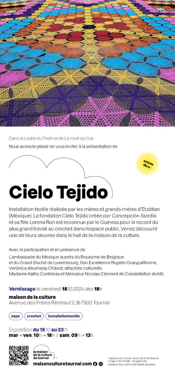 Dans le cadre du Festival de la Mort qui tue venez découvrir « Cielo Tejido », une magnifique installation textile réalisée par les mères et grands-mères d'Etzatlan, au #Mexique. 🧶🇲🇽

Ne manquez pas l'occasion d'admirer cette œuvre impressionnante de l'art et de la culture
