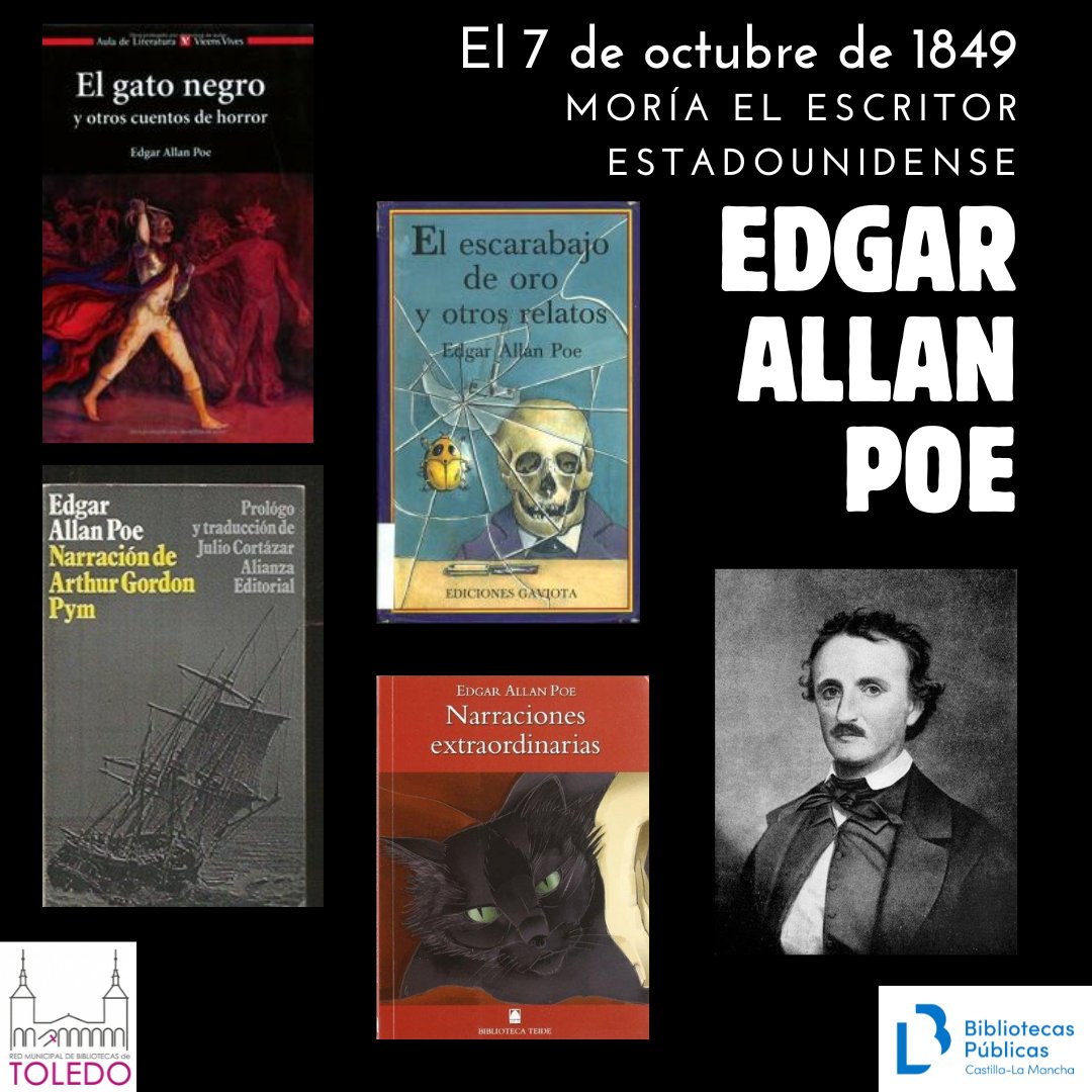 RBM_Toledo's tweet photo. "Un 7 de octubre fallecía de uno de los maestros del terror. Adéntrate en los horres de sus historias en un mes oscuro como octubre” #Librosterror #Misterio #EggarAlanPoe #RedMunicipalBibliosToledo #Libros https://t.co/NvG8MXrrPJ