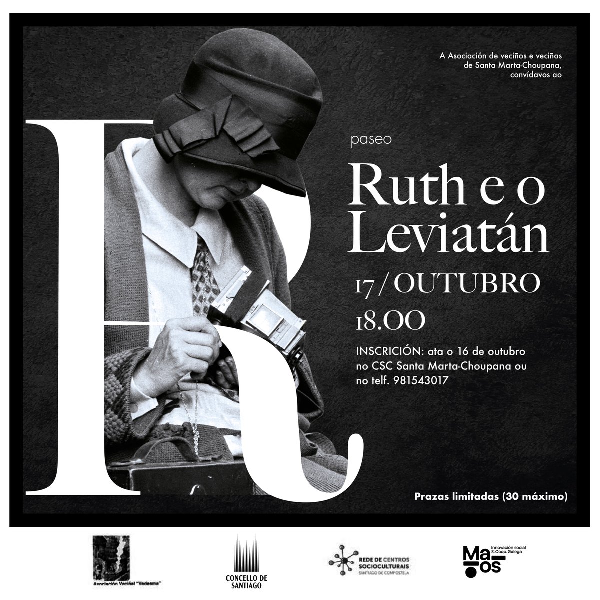 🤩 Unha nova oportunidade para asistir ao paseo 'Ruth e o Leviatán'! Desta vez, organizado pola asociación Vedesma, de veciños e veciñas de Santa Marta-Choupana.

🧐 Prazas limitadas! Inscrición no CSC Santa Marta-Choupana ou no tlf. 981543017
