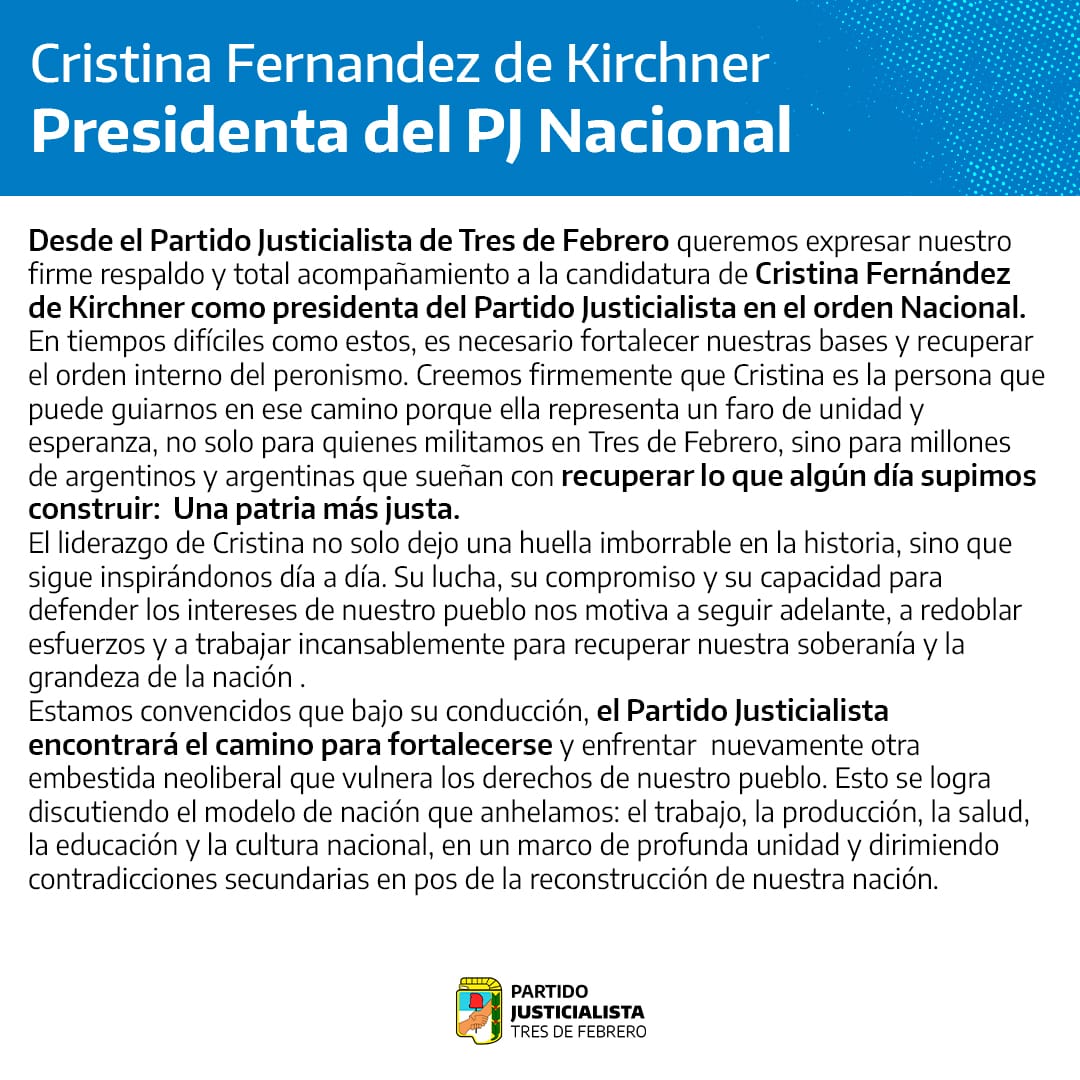 pj3df's tweet photo. Desde el PJ de Tres de Febrero, expresamos nuestro total respaldo a la candidatura de Cristina Fernández de Kirchner como presidenta del Partido Justicialista a nivel nacional. https://t.co/0nObRLb0pX