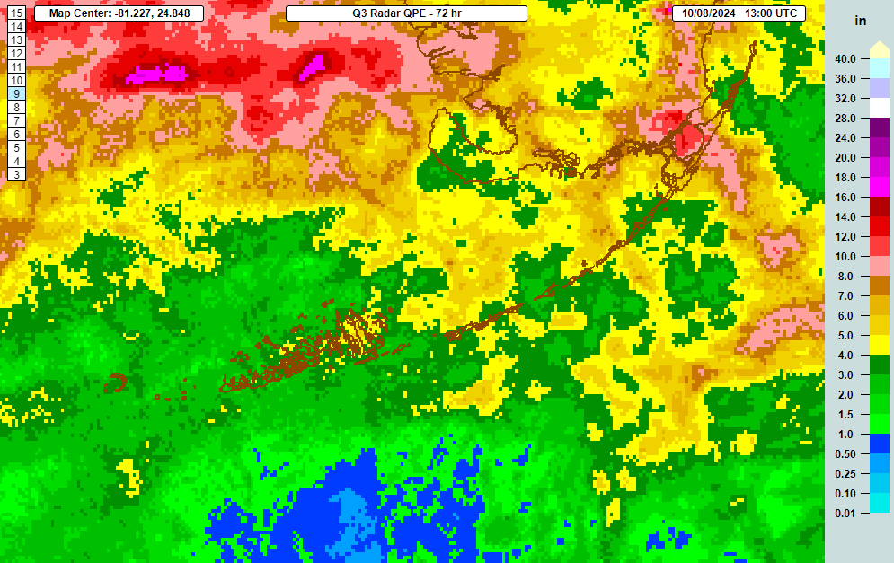 NWSKeyWest's tweet photo. Although Hurricane Milton's closest approach to the #FLKeys has yet to happen, rainfall has been plentiful across the island chain. 72-hour rainfall totals range from 2-6 in. with isolated amounts of near 10 in. Additional rainfall of 2-4 in. is likely through Wed. night. https://t.co/dmUE9S8Juy