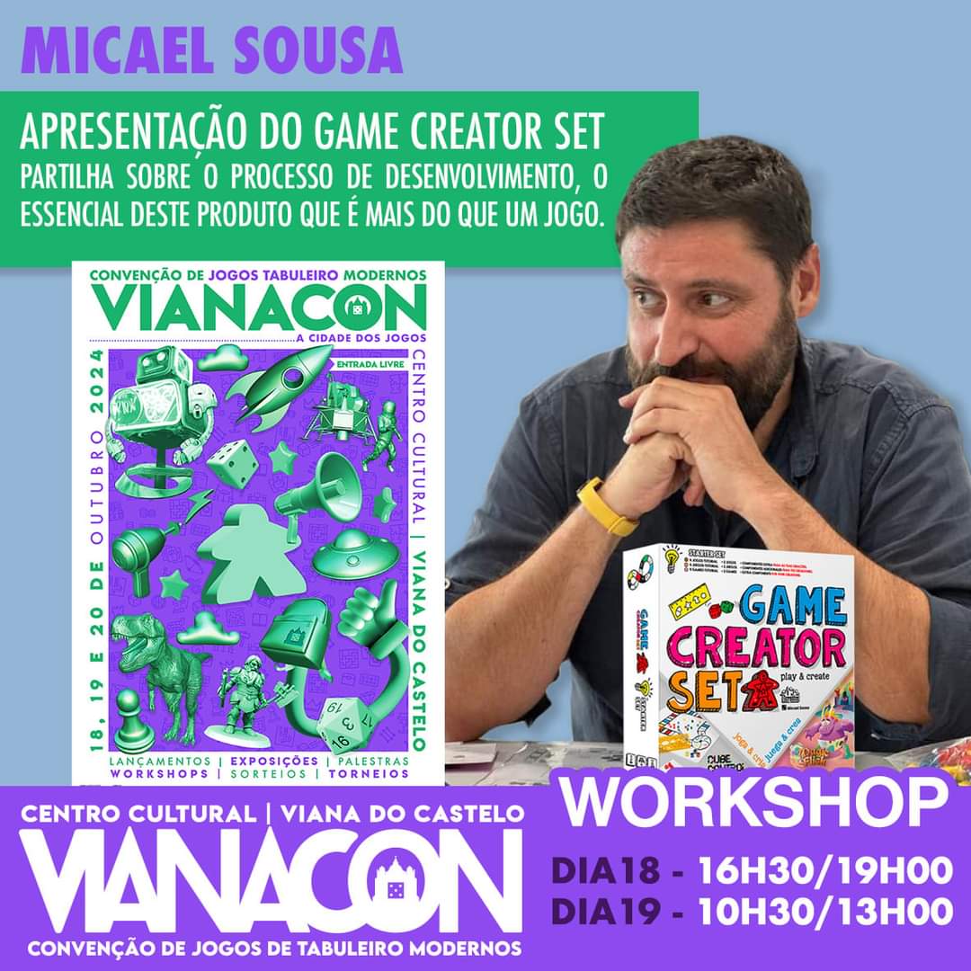 Apresentação oficial do Game Creator Set na Vianacon 2024! Inclui workshops:

Sessão do dia 18 de Outubro:
lnkd.in/d2M2aJBj

Sessão do dia 19 de Outubro:
 lnkd.in/dX2SqWrC

#gamedesign #boardgames #tabletopgames #jogosdetabuleiro #games #jogos