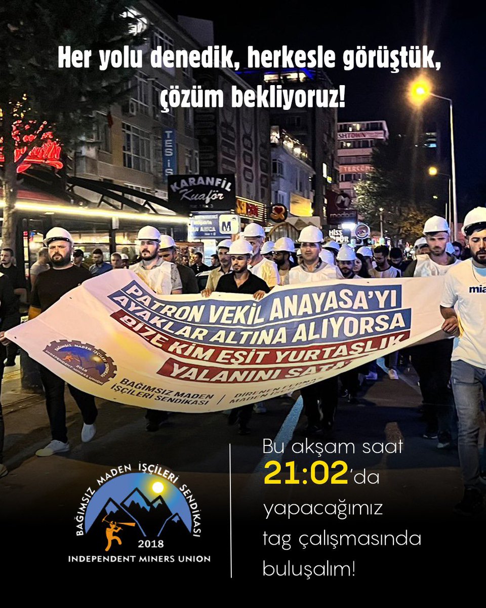 Bugün 21:02’de tag çalışmasında buluşuyoruz!

7 gündür Ankara’da sorunlarının çözülmesi için bekleyen Fernas işçileri için destek amacıyla tag çalışması düzenliyoruz. Herkesi Fernas işçileriyle dayanışmaya bekliyoruz.

*Tag hesabımızdan duyurulacaktır.