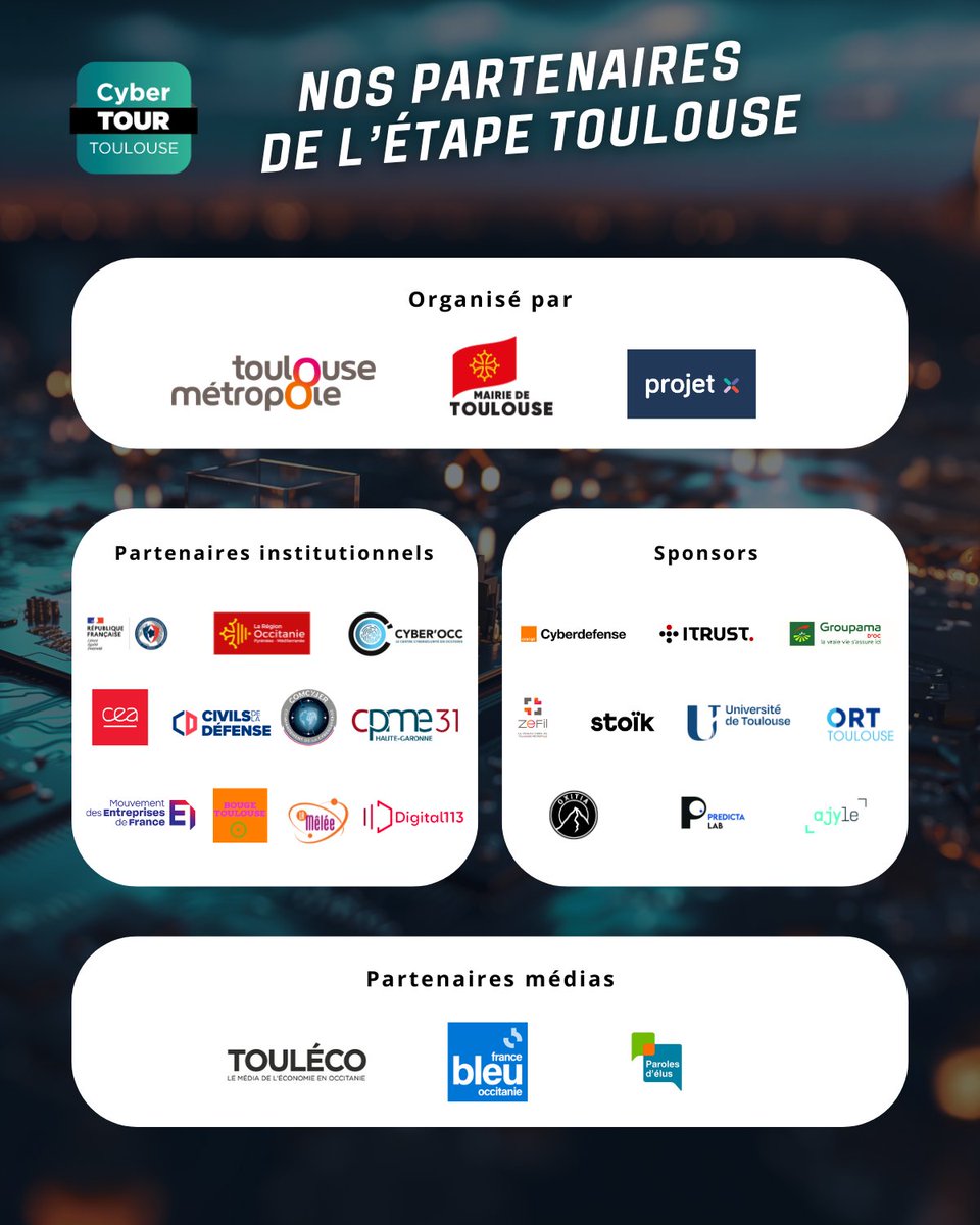 🤖Nous avons le plaisir de vous présenter les #partenaires de notre #CyberTour Toulouse, qui font de chaque étape un succès !

Rendez-vous le mardi 22 octobre au Théâtre de la Cité, l'inscription est gratuite mais obligatoire sur le lien en commentaires 👉tinyurl.com/cybertourToulo…