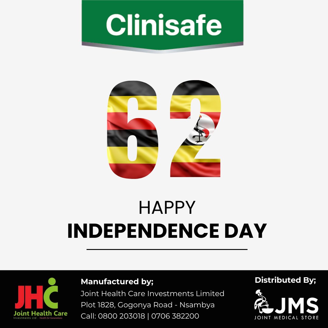 jhc_ug's tweet photo. Happy 62nd Independence Day, Uganda 🇺🇬

As we celebrate this milestone, Clinisafe is here to help you protect what matters most – your health.

Our locally-made cleaning products are your trusted companions in keeping your home and community safe.

#UgandaAt62  #Clinisafe  #MadeInUganda