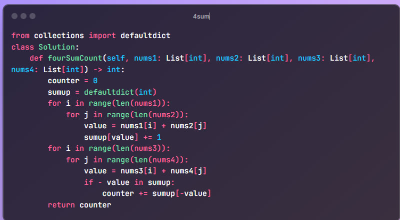 NathnaelDev's tweet image. Answer for previous DSA question
for leetcode part
I used hash map and simply I check a+b = c+d and increments the counter based on that value
space and time complexity: O(n^2)
#DSA #leetcode #codeforce