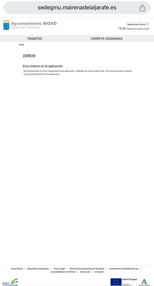 Luisermosol's tweet photo. @MairenaAljarafe 
Buenas tardes.
Desde hoy no es posible hacer ningún trámite administrativo desde la web del Ayuntamiento, ni pago de tasas, ni licencias de obras ni nada por el estilo.
¿Estará operativa hoy?
Muchas gracias https://t.co/u6tnEPiysc