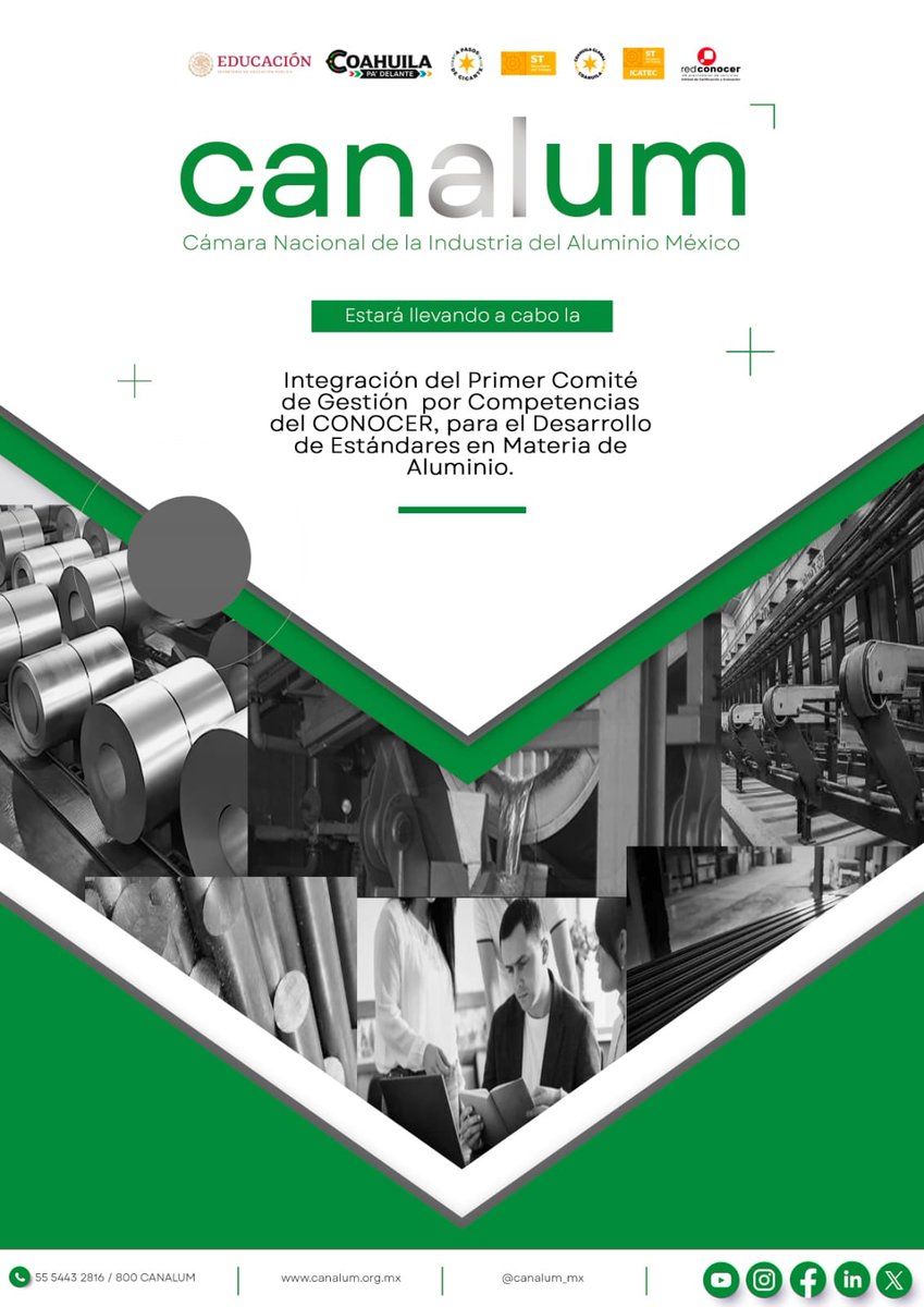 CANALUM_'s tweet photo. El día de HOY, el @GobDeCoahuila la #Cámara Nacional del Aluminio, la Secretaría del Trabajo de Coahuila a través de #ICATEC te invitamos a la:
“Integración del “1er Comité de Gestión por Competencias del @ConocerMx para el Desarrollo de Estándares en Materia de
#Aluminio” https://t.co/NbcD1thgjh