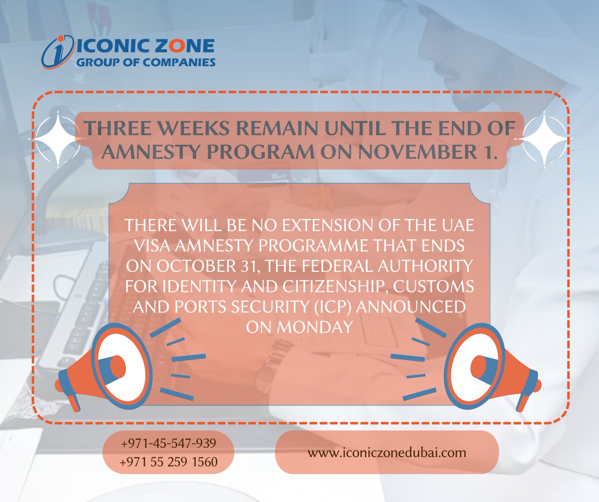 IconicZonedxb's tweet image. **Amnesty Scheme**
Three weeks remain until the end of amnesty program on November 1. Intensive inspection campaigns will be conducted in residential areas and companies where violators are located.

#UAESuccess #uaevisa #uaeresidencevisa #uaebusiness #uaerealestate #uaejobs
