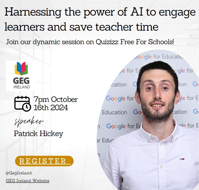 GEGIreland (@gegireland) on Twitter photo A great chance for teachers to explore how we can harness the power of AI to engage learners and save time! Learn how <a href="/quizizz/">Quizizz (now Wayground)</a>
Free for School can enhance teaching learning and assessment. Delivered by <a href="/PatrickHickey18/">Patrick Hickey</a> #AIinEducation Register Here: forms.gle/1QezjBuYhjJgiM… A great chance for teachers to explore how we can harness the power of AI to engage learners and save time! Learn how <a href="/quizizz/">Quizizz (now Wayground)</a>
Free for School can enhance teaching learning and assessment. Delivered by <a href="/PatrickHickey18/">Patrick Hickey</a> #AIinEducation Register Here: forms.gle/1QezjBuYhjJgiM…