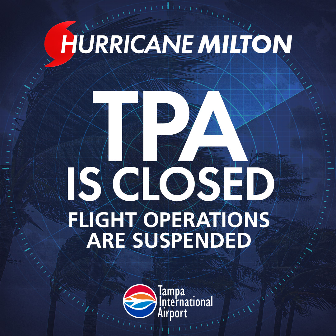 TPA IS NOW CLOSED: TPA suspended operations at 9 a.m. Tuesday in preparation for Hurricane Milton. ⛈️ Airport staff are now securing the airfield, terminals, jet bridges and ground equipment. 

LEARN MORE ➡️ news.tampaairport.com/tampa-internat…