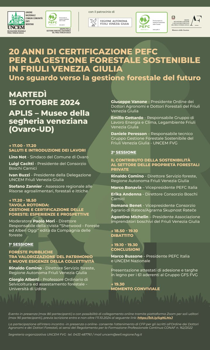 📌  Il 15 ottobre la <a href="/regioneFVGit/">Regione FVG</a> festeggia 20 anni di adesione del territorio boschivo friulano allo standard di Certificazione Forestale Sostenibile #PEFC con un evento! 🤩  Scopri il programma completo nella news e in locandina ⬇ 
pefc.it/news/il-friuli…
