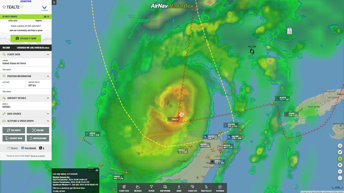 AirNavRadar's tweet photo. Hurricane Hunters in action! πͺοΈβοΈ TEAL72, operated by a Lockheed WC-130J Hercules, is currently flying over #HurricaneMilton.
Track the mission live: https://t.co/aVjflqMPm6
#HurricaneHunters #WC130J #HurricaneTracking https://t.co/hyuNe4KSeE