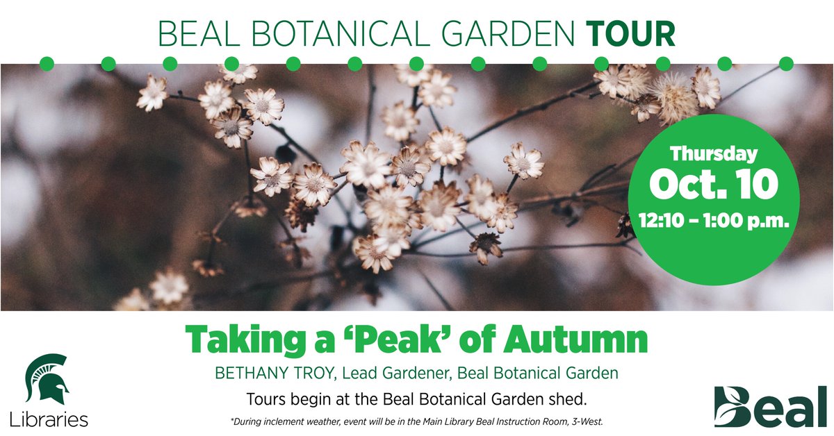 MSU Libraries (@msulibraries) on Twitter photo Join us THURSDAY for our monthly <a href="/MSUBealGarden/">Beal Botanical Garden</a> tour at lunchtime, where Lead Gardener Bethany Troy will be showing us a "peak" of autumn as we enjoy the signs of fall, like vibrant changing leaves, splitting seed pods, and plants getting ready for a cozy Michigan winter! πππ Join us THURSDAY for our monthly <a href="/MSUBealGarden/">Beal Botanical Garden</a> tour at lunchtime, where Lead Gardener Bethany Troy will be showing us a "peak" of autumn as we enjoy the signs of fall, like vibrant changing leaves, splitting seed pods, and plants getting ready for a cozy Michigan winter! πππ