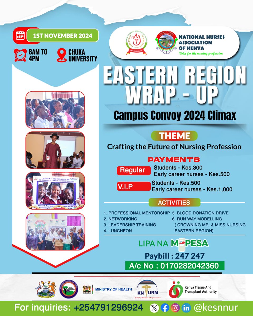Join us on the 1st of November 2024 and Spend the day with some of your most inspirational, knowledgeable and connected nursing colleagues at Chuka University. Interact with other healthcare professionals, attend keynote lectures, workshops and so much more.