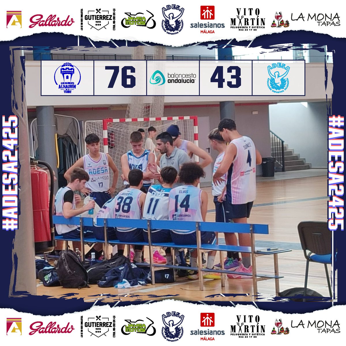 AdesaMalaga's tweet photo. El pasado fin de semana se disputó el primer partido oficial de la temporada #ADESA2425 a cargo de los chicos del Junior Masculino.

El equipo liderado por Tony Román cayó en el campo de @cbalhaurindelatorre por 76 a 43.

#ForzaAdesa #SomosFuturo https://t.co/JUHa9VOXqS