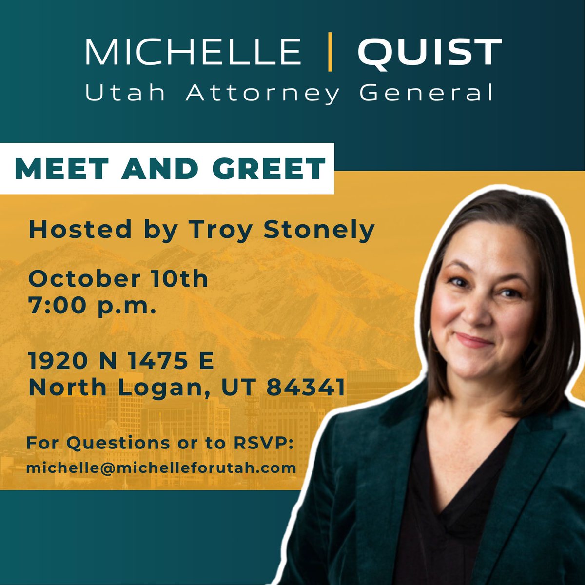Busy week! Come hear more about the campaign before ballots drop next week. #utpol
Tuesday: Farmington 
Wednesday: Sandy
Thursday: Logan